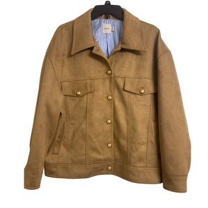 Maeve Anthropologie Tan Faux Suede Trucker Jacket Gold Crest Buttons  L